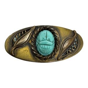 Vintage Egyptian Revival Scarab Beetle Brooch Bronze Tone w/ Turquoise Stone 2”‎